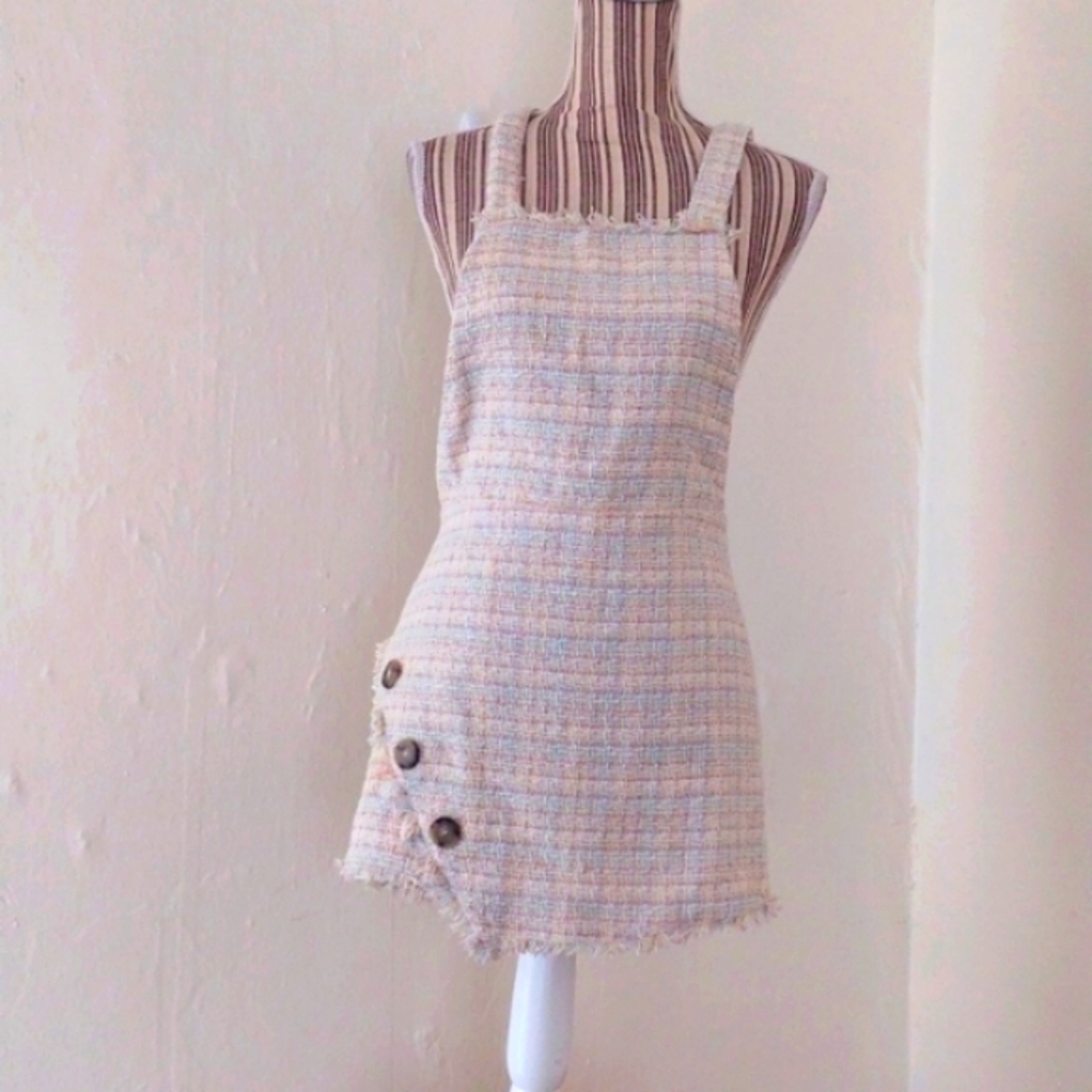 Zara Cream Pastel Tweed Bibbed Overall Mini Dress w/ Fringe Hem  NWT Size M NEW